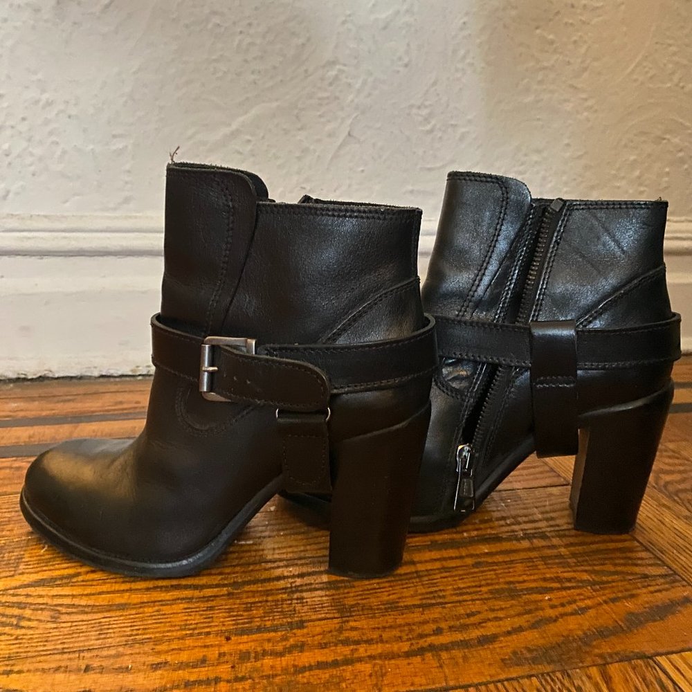 AllSaints Jules Leather Harness Booties Heeled Ankle | Size 10/ EU 41